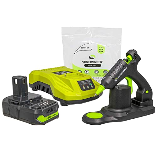 Surebonder Cordless 18V Ryobi™ Type Battery Powered High-Temperature Mini Hot Glue Gun with Detail Tip, 20 Watt, Recharge with Portable Heat Stand, 18 Volt Battery and Charger Included (B-195FKIT)