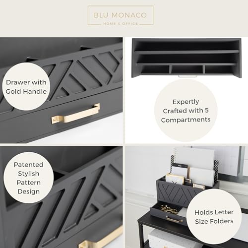BLU MONACO | Wooden Mail Organizer with Drawer Gold Handle | Mail Sorter Organizer Countertop and Outgoing Mail Holder | Tabletop Organizer with Drawers Grey Desk Storage