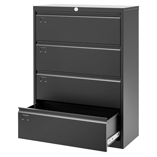 FinerFurnis Heavy Duty 4-Drawer Lateral File Cabinet with Lock, 52" Height Metal Office Filing Storage Organizer, Fits Letter, Legal, A4, F4 Documents, Lockable, Easy Assembly, Black