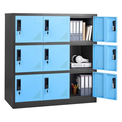 VEVOR 9 Doors Metal Locker for Employees, Steel Locking Storage Cabinet with Card Slot and Ventilation, 2 Keys for Each Door, Employee Lockers for Office, School, Gym, Home, Easy Assembly, Blue&Black