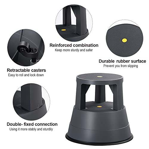 2 Step Round Stool Kick Rolling Backless with Non-Slip Rubber Grey Polypropylene