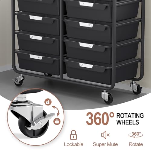 10 Drawers Rolling Cart with Wooden Tabletop, Utility Storage Cart with Wheels, Art Supply Craft Organizer on Wheel with Metal Frame & Handles for Home Office School,Black