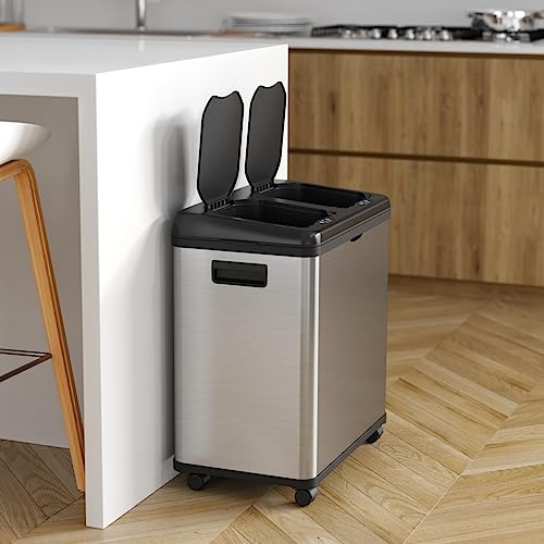 iTouchless 16 Gallon Stainless Steel Dual Compartment Sensor Kitchen Trash Can and Recycle Bin with Wheels – 60L Rectangular Garbage Can with Touchless Motion Sensor Lid & Removable Inner Buckets