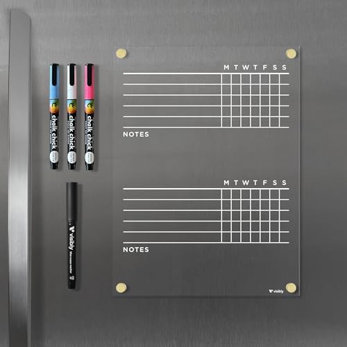 Visibly Magnetic Acrylic Chore Chart for Fridge 9” x 12”, Clear Wet Erase Refrigerator Task Board, Minimalist Routine Planning Board, Includes 4 Magnetic Markers, Gold Corner Magnets