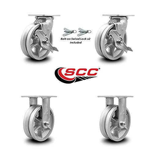 Heavy Duty Swivel Caster Set of 4 with 6 Inch V Groove Semi Steel Cast Iron Wheels and Ball Bearings - Includes 2 Swivel with Brakes and Bolt on Swivel Locks and 2 Rigid - Service Caster Brand