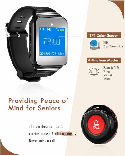 CallToU Wireless Caregiver Pager Smart Call Button Vibration System 500+ ft Nurse Call Bell Alert System for Elderly Monitoring Clinic/Medical Institution/Nursing Home 1 Wrist Receiver 5 SOS Buttons
