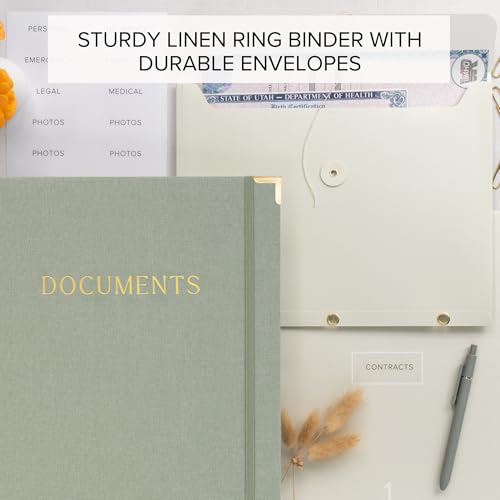 Important Document Organizer Set with Folders - Complete Linen Ring Binder