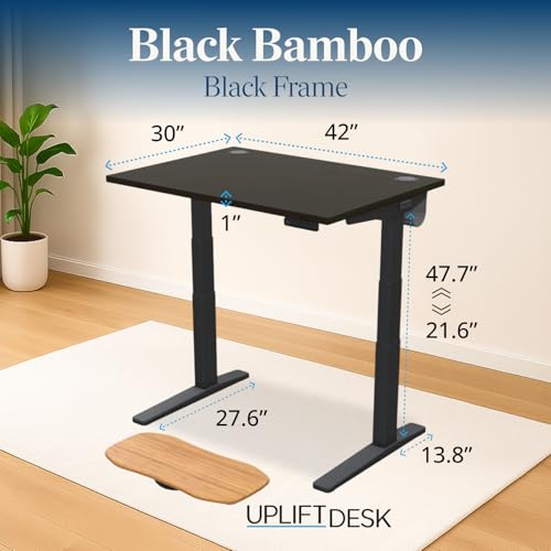 UPLIFT DESK Black Bamboo (42 x 30 inch) Standing Desk 2-Leg V3 Adjustable Stand Up C-Frame (Black), Advanced Keypad, Wire Grommets, Wire Tray, Rocker Board