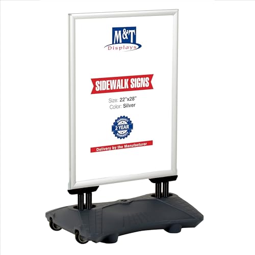 M&T Displays WindPro Lite Weather and Wind Resistant - Outdoor Pavement Curb Sidewalk Sign Holder, Silver, Aluminum, Easy Front Loading Snap Frame, Durable LDPE, Gray Water Base (22x28 inch)