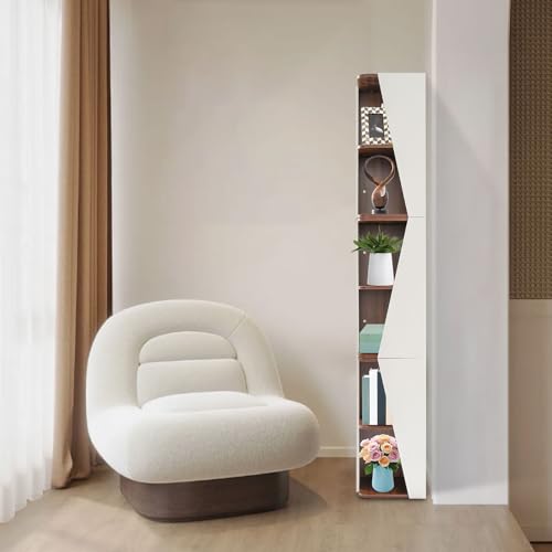 Corner Bookshelf 6-Tier Wall Storage Rack Neutral and Walnut Modern Design