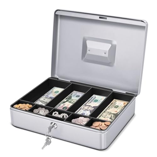 Flexzion Small Cash Box with Money Tray and Lock, 11.4-Inch, Silver