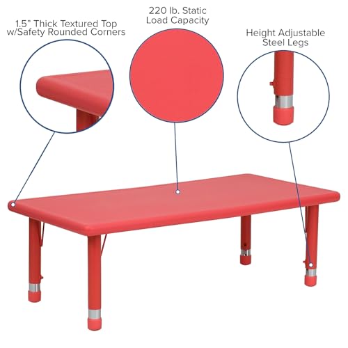 Flash Furniture 48x24 in Plastic Adjustable Rectangular Activity Table, Red