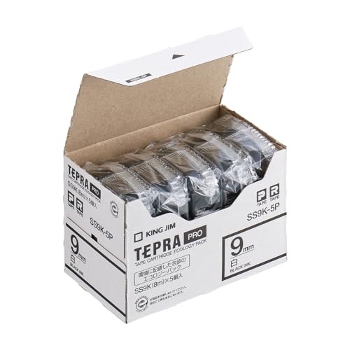 King Jim SS9K-5P Tepra PRO Tape Cartridge, Eco Pack, 5 Pieces, 0.3 inches (9 mm), White Label/Black Character, Length 22.8 ft (8 m)