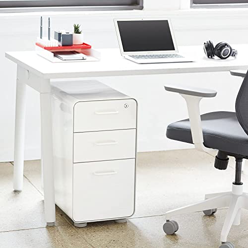 Poppin Slim Stow 3-Drawer File Cabinet - White + Light Gray. 2 Utility Drawers and 1 Vertical Hanging File Drawer. Fully Painted Inside and Out. Powder-Coated Steel. Two Keys Included