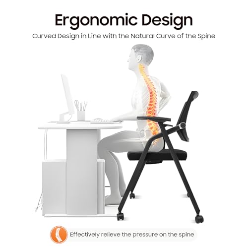 RoxYrabxy Folding Office Chair, Mesh Back Folding Desk Chair with Wheels & Desktop, Stackable Office Guest Chairs & Reception Chairs with Armrests for Training, Meeting, Classroom, 1 Pcs