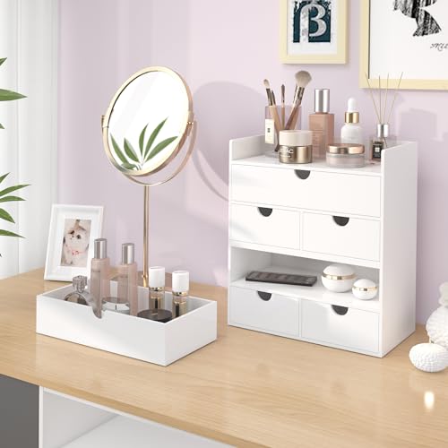 Bamboo Desk Organizer with Drawers Desktop Storage Drawers for Bills Office Supplies Kitchen Utensils Organizing Tool for Home Classroom Organization No Assembly (White with Shelf)
