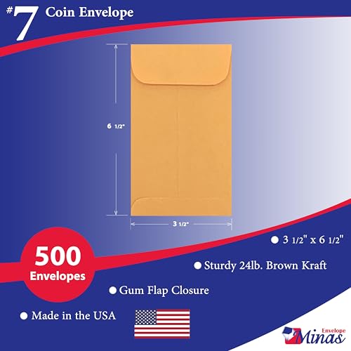 500 Minas Envelope - #7 Coin and Cash Envelopes, 24lb Kraft Paper, 3.5 x 6.5 Inches, 500 Count, Gummed Flap, for Storage, Jewelry and Small Parts, 500 Count