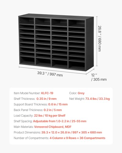 VEVOR Literature Organizer, 36 Compartments Office Mailbox with Adjustable Shelves, Wooden Mailbox Sorter Medium Density Fiberboard Office Home Classroom Storage for Files, Documents, Papers, Grey