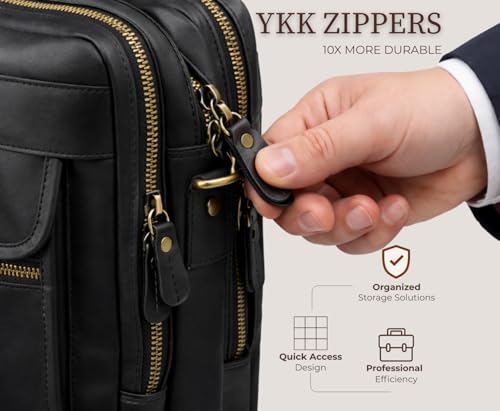 Black Leather Messenger Bag for Men, Genuine Leather Briefcase Fits 15 Inch Work Satchel for Office, Business, and Travel Use