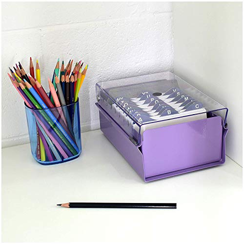 Acrimet 3 x 5 Card File Holder Organizer Box Metal Base Heavy Duty (AZ Index Cards and Divider Included) (Purple Color with Clear Crystal Plastic Lid Cover)