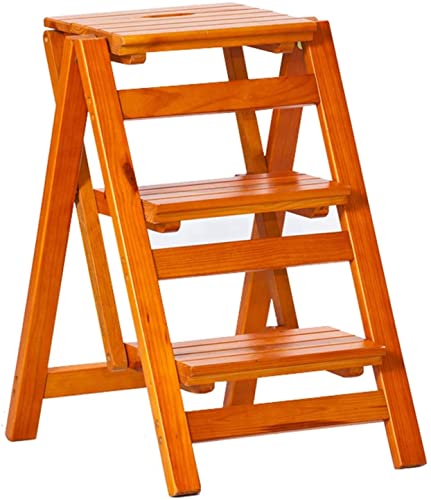 LWJQRSP Folding 3-Step Ladder Stool, Multifunction Wood Step Stool, 3-in-1 with Ladder, Stool and Storage Shelf, (A)