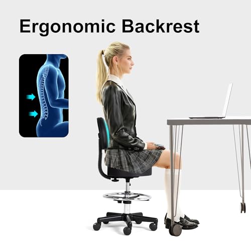 Frassie Drafting Chair with Back Adjustable Spa Bar Rolling Stool Multi-Purpose Office Desk Chair, Swivel Task Chair with Footrest Ring (Black)