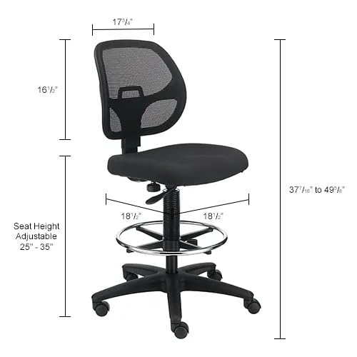 Adjustable Drafting Stool with Mesh Back – Ergonomic Office Drafting Chair with Footrest, Armrests & Height Adjustment (Black)