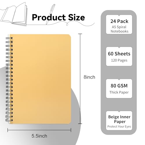 miikoul 24 Pack A5 Spiral Lined Notebooks, 8.1" X 5.5", 60 Sheets/120 Pages Wide Ruled Notebook Spiral Journals Bulk Paper Cover Notepad 12 Colors for Students Taking Class Notes Home Office Gift