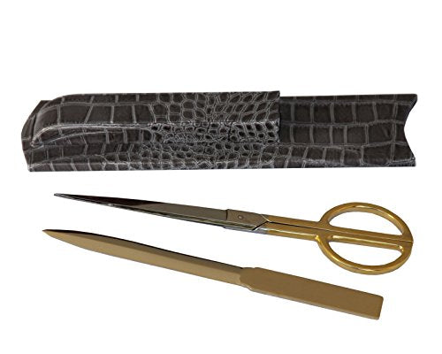 DACASSO Protacini Castlerock Gray Italian Crocodile Leather Library Set - Luxury Italian Crocodile Leather Library Set & Office Accessories - Elegant Library Set (Gold)
