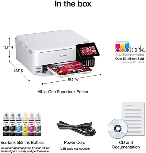 Epson EcoTank Photo ET-8500 All-in-One Wireless Color Supertank Printer with Scanner and Copier - Print Scan Copy Fax- Auto 2-Sided Printing - White-Bundle with Ahaghug Printer Cable.