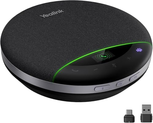 YealinkSP96 Bluetooth Speakerphone with (1308173) Dongle Support Daisy-Chain 26H Talk Time Teams Certified 65mm Conference Speaker and 6 Microphones Array LCD Screen Smart AI Noise-Canceling