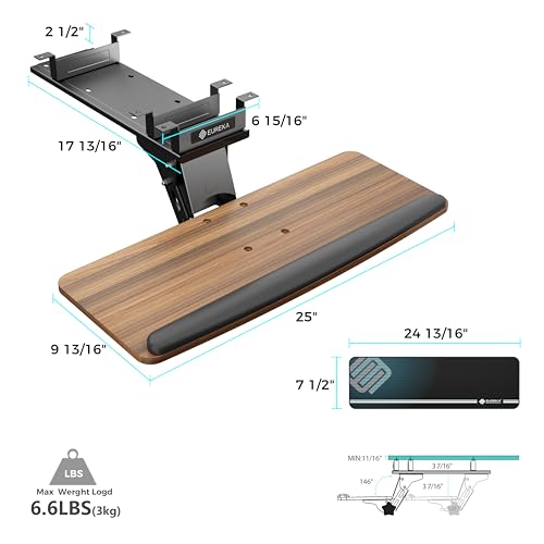 EUREKA ERGONOMIC Keyboard Tray Height Adjustable, Swivel Tilt Computer Keyboard Drawer Under Desk, 25x9.13'' Sliding Keyboard & Mouse Platform with Mouse Pad for Typing, Walnut