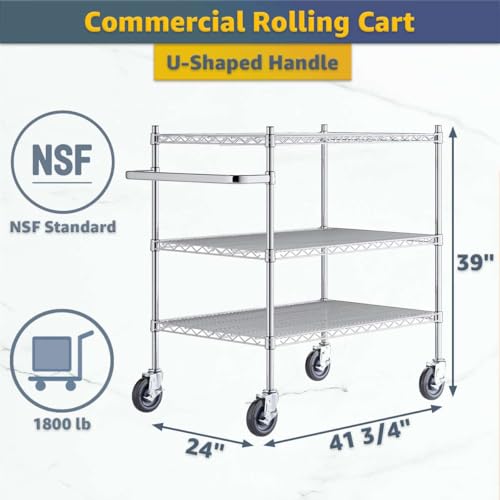 24" x 41 3/4" x 39" Commercial NSF Chrome 3 Shelf Wire Utility Cart with U-Shaped Handle - Heavy-Duty Serving Rolling Metal Cart, Mobile Storage Cart for Warehouse, Office, Retail, Kitchen