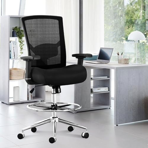 Drafting Chair Tall Office Chair for Standing Desk 500 LBS Heavy Duty with 21" Wide Seat Ergonomic Adjustable Lumbar Support Pressure Locking Casters Footrest Counter Height Black