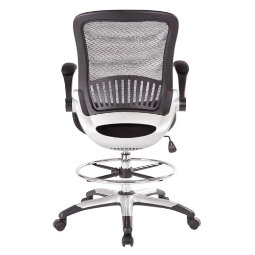 Pemberly Row Mesh Back Drafting Chair, Adjustable Foot Ring, Padded Flip Arms, Built-In Lumbar Support, Black Fabric Seat, Silver Frame, 24.75"W x 22.75"D x 49.75"H, Office or Workspace Comfort Chair
