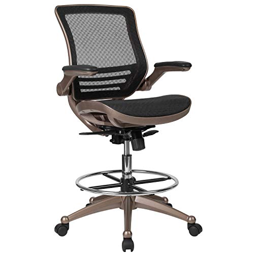 BizChair Mid-Back Transparent Black Mesh Drafting Chair with Melrose Gold Frame and Flip-Up Arms