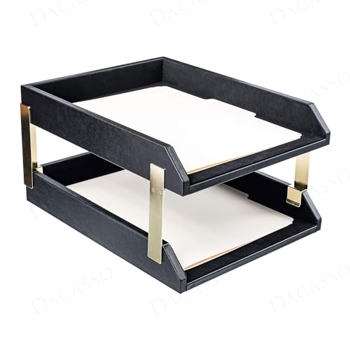 Dacasso Classic Black Leather Front-Load Double Letter Tray Set w/Gold Stacking Posts - Luxury Executive Decor and Office Essential - Desk Surface Protector