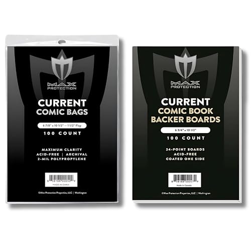 Max Protection Premium Current Comic Book Bags and Boards - Ultra Clear Current Comic Book Sleeves & Backing Boards - Flap Closure with Acid-Free Quality Materials - Collector's Choice, 100 ct
