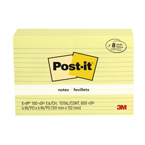 Post-it Notes, 4" x 6", Lined, Canary Yellow, Pack of 8 Pads
