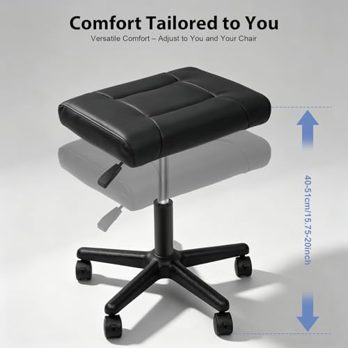 Footrest Stool Under Desk, Adjustable Height Under Desk Leg Rest Ottoman Swivel Rolling Stool Chair with 360°Rolling Lockable Wheels for Gaming, Home Office, Load-bearing Capacity 220.46lbs, Black