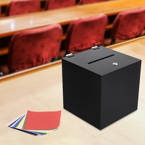 WUSILILU Acrylic Donation Box with Lock, 10*10*10in Suggestion Box with Slot and 2 Keys, Money Storage Container for Fundraising, Voting, Collecting Suggestions, Complaint Letters (Black, 10*10in)