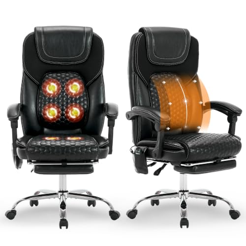 MALOL 300 lbs Big and Tall Massage Office Chair Set of 2-3-Level 65°C Targeted Heating, 2Easy Assembly Leather Desk Chair with Heat and Footrest, Executive Computer Chair with Side Pocket, Black
