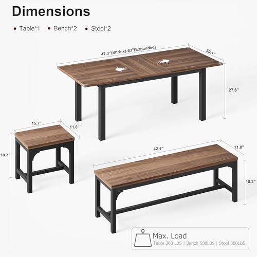 FinerFurnis Space-Saving Extendable Office Desk Set – Modern MDF Table with Metal Frame, for 4-8, Includes 2 Long & 2 Short Wooden Benches, Walnut Color Plate + Black Iron Frame