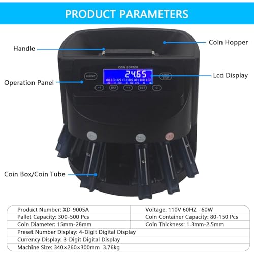 UWYTGF Coin Sorter and Counter Machine with LCD Display,Counts Usd Coins At 270 Coins/Min,Holds 2000 Coins,Includes 5 Bins & 5 Tubes