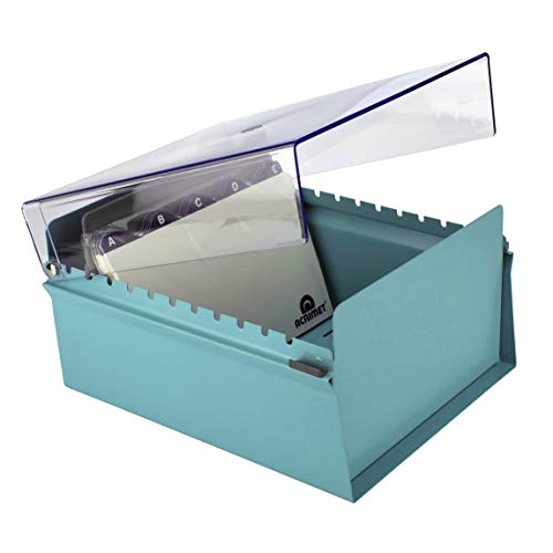 Acrimet 6 x 9 Card File Holder Organizer Box Metal Base Heavy Duty (AZ Index Cards and Divider Included) (Green Color with Crystal Plastic Lid Cover)