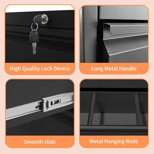 4 Drawer File Cabinet, Metal Office Cabinet with Lock, Black Lateral Filling Cabinets with Quiet Full-Extension Slides for Letter/Legal/F4/A4 Hanging Files, Assembly Required (4 Drawer, Black)