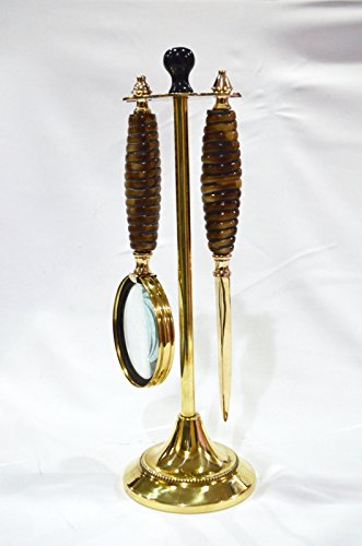 Decorative Brass Magnifying Glass & Letter Opener on Stand Desk Top - Set of 2