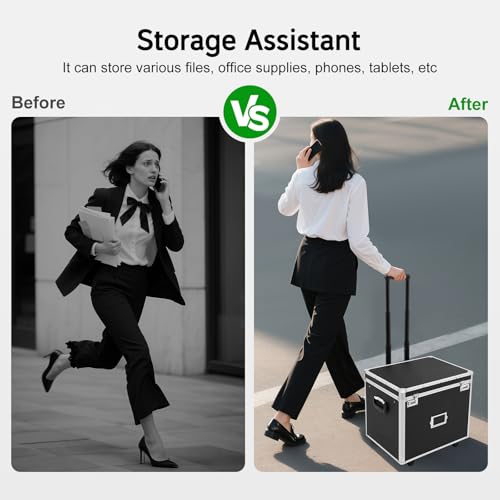 LXYIUTRW Bepritm Locking File Storage Box with Wheels, Aluminum Alloy Mobile Case with Telescopic Handle, Fireproof Double-Combination Lock for Office/Hospital (19.2 x 15 x 16inch) (Black)