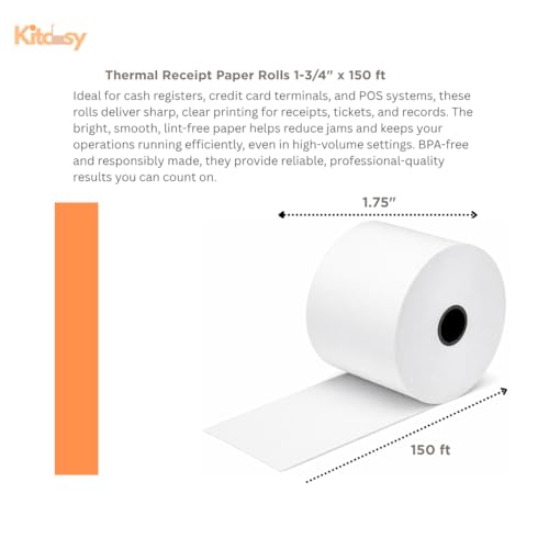 Thermal Receipt Paper Rolls 1-3/4" x 150 ft (44mm x 150ft), Premium POS Cash Register Paper, BPA-Free, Crisp Printing, Jam-Free Performance, Easy Install (100)