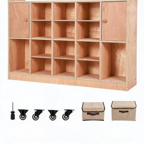 Mobile Cubby 14/20 Storage, Trays/Doors/Hooks, 4-Wheel, Anti-Tip, Natural